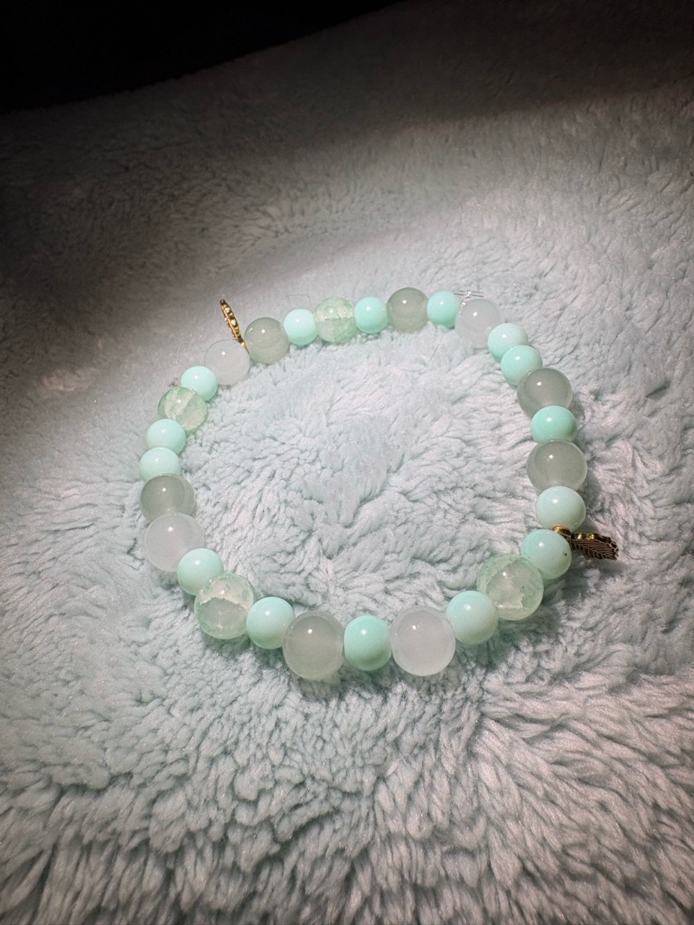 Mint Aqua Beaded Stretch Bracelet with small gold leaf charms
